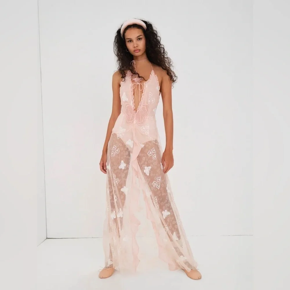 New! For Love & Lemons Beckett Lace Sheer Butterfly Sequin Bodysuit Maxi Dress M - Picture 5 of 16